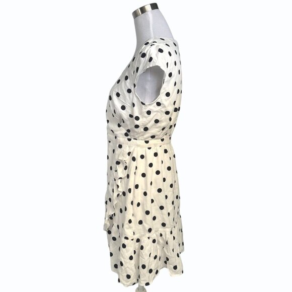 J Crew Polka Dots Faux Wrap Dress Womens 6P Ruffled Front V Neck White Black - Picture 5 of 15